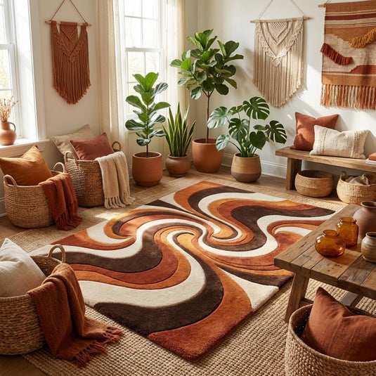 Translation missing: es.Mid century inspired orange and brown tufted wool carpet adding statement color to living room décor
