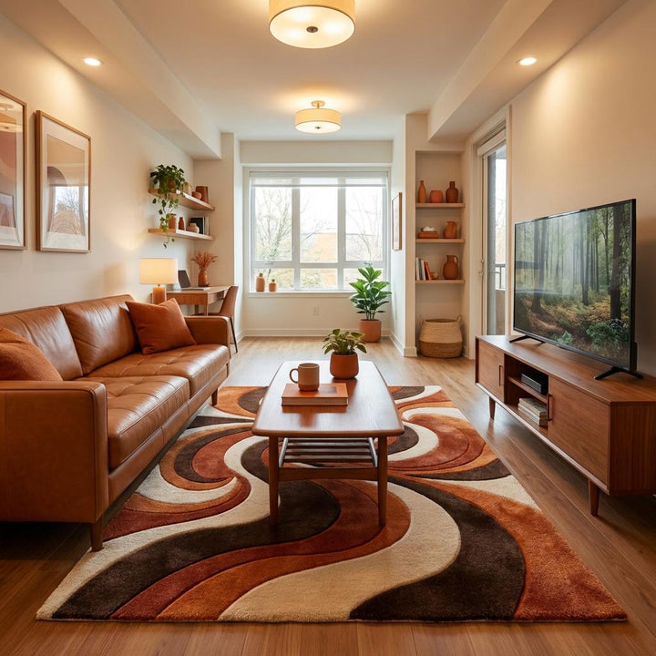 Translation missing: es.Handmade tufted rectangular rug with soft plush surface and artistic curved pattern for modern homes