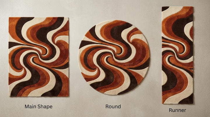 Translation missing: es.Hand Tufted Abstract Wool Rug, Mid Century Modern Retro Living Room Area Rug, Burnt Orange Brown Cream Sculpted Statement Carpet