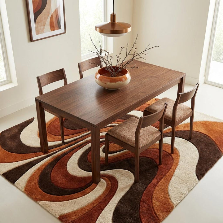 Translation missing: es.Hand Tufted Abstract Wool Rug, Mid Century Modern Retro Living Room Area Rug, Burnt Orange Brown Cream Sculpted Statement Carpet