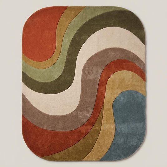 Translation missing: es.Mid century modern area rug with curved abstract lines in rust, olive, ivory, taupe, mustard, and muted blue tones __etsy:8037367570