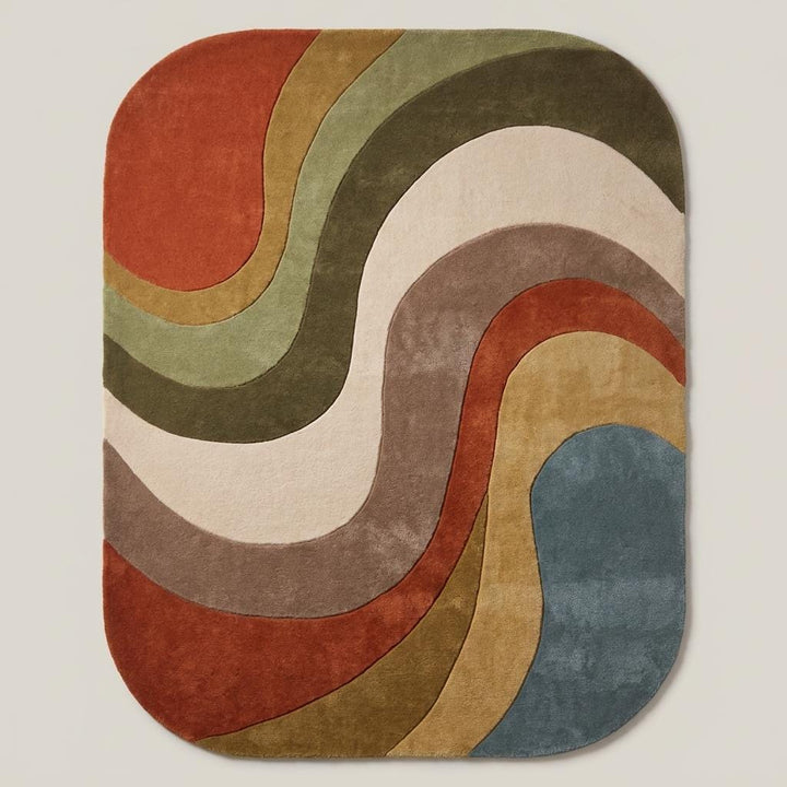 Translation missing: es.Mid century modern area rug with curved abstract lines in rust, olive, ivory, taupe, mustard, and muted blue tones __etsy:8037367570