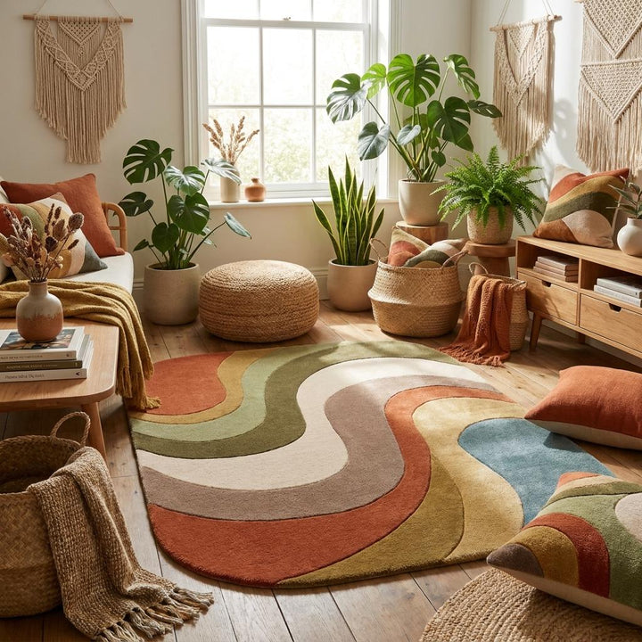 Translation missing: es.Contemporary handmade wool rug paired with warm wood furniture and retro-inspired interior styling in cozy home setting __etsy:8085281607