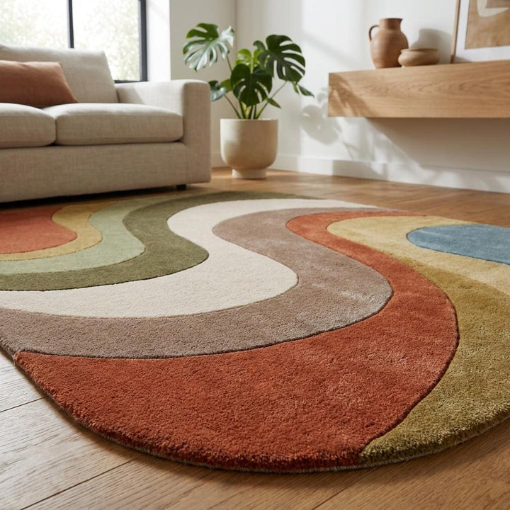 Translation missing: es.Artistic retro carpet with organic flowing pattern designed for Scandinavian, modern, and eclectic home interiors __etsy:8037367582
