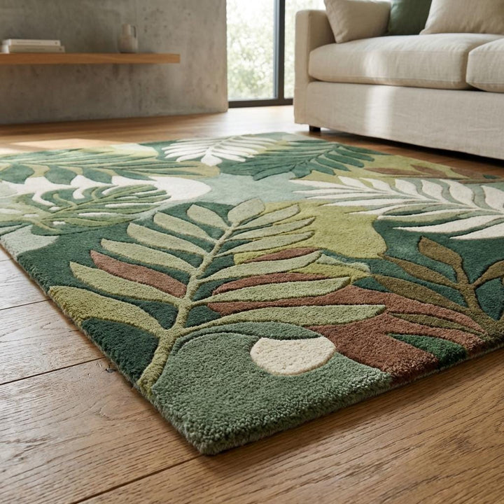 Translation missing: en.Hand Tufted Botanical Leaf Wool Rug 5x8, Modern Green Tropical Area Rug Living Room Nature Inspired Carpet