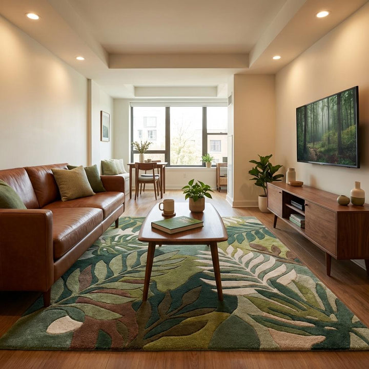 Translation missing: en.Hand Tufted Botanical Leaf Wool Rug 5x8, Modern Green Tropical Area Rug Living Room Nature Inspired Carpet
