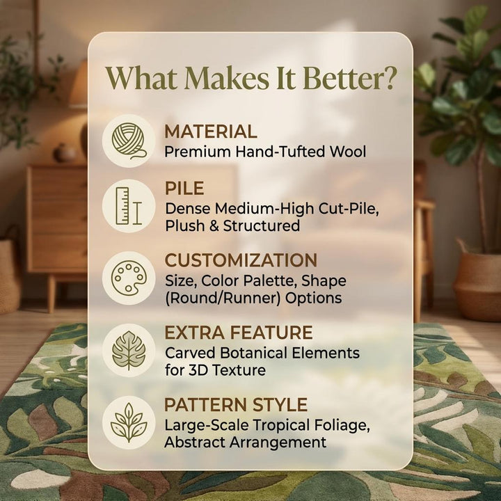Translation missing: en.Hand Tufted Botanical Leaf Wool Rug 5x8, Modern Green Tropical Area Rug Living Room Nature Inspired Carpet