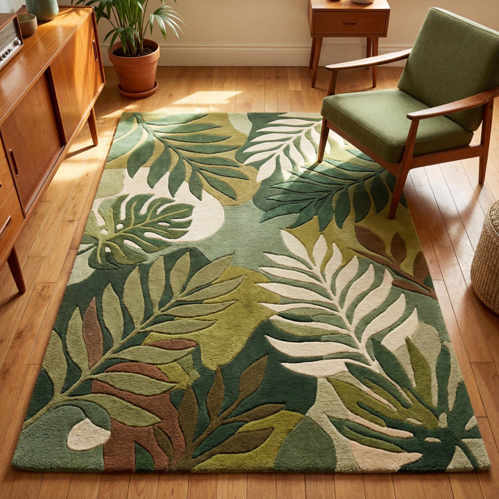 Translation missing: en.Hand tufted botanical leaf wool rug 5x8 with green tropical design for modern living rooms