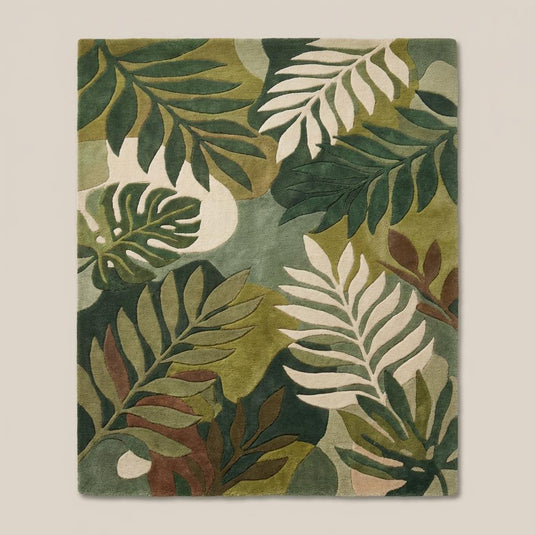 Translation missing: en.Modern green botanical area rug featuring tropical leaves and natural color palette for contemporary interiors