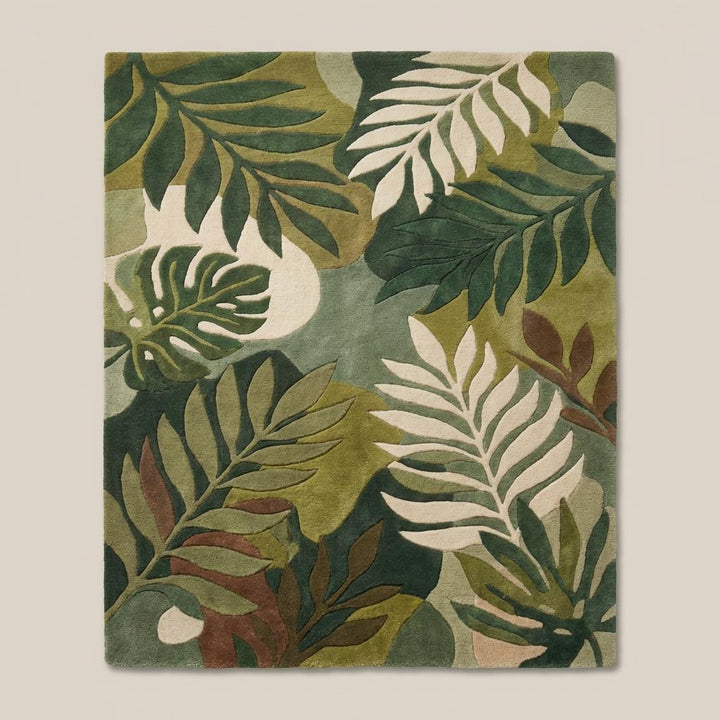 Translation missing: en.Modern green botanical area rug featuring tropical leaves and natural color palette for contemporary interiors