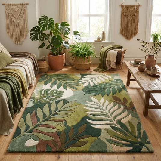 Translation missing: en.Large botanical leaf patterned hand tufted wool rug styled in mid century modern living room