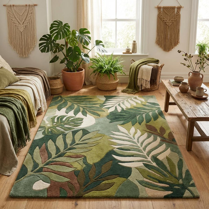 Translation missing: en.Large botanical leaf patterned hand tufted wool rug styled in mid century modern living room