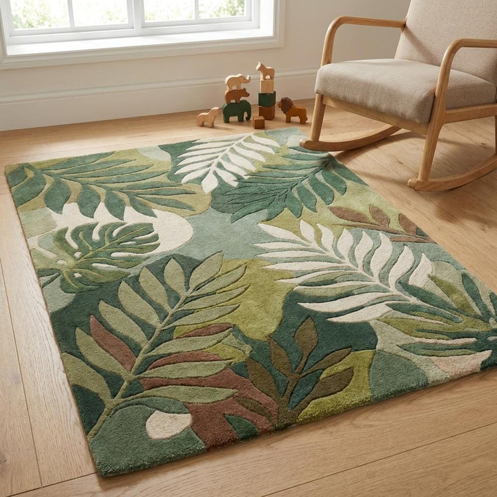 Translation missing: en.Nature inspired green wool tufted rug with layered foliage design and sculpted pile surface
