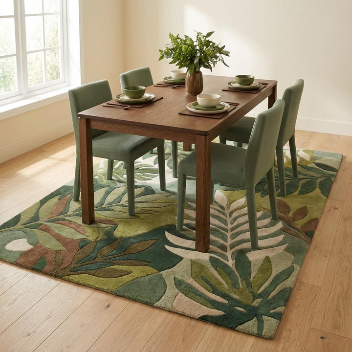 Translation missing: en.Modern tropical leaf area rug in shades of sage, forest green, and ivory wool pile