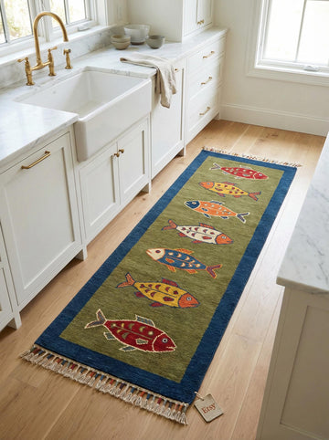 Translation missing: fr.Hand tufted fish pattern wool runner rug with tribal geometric design for kitchen or hallway
