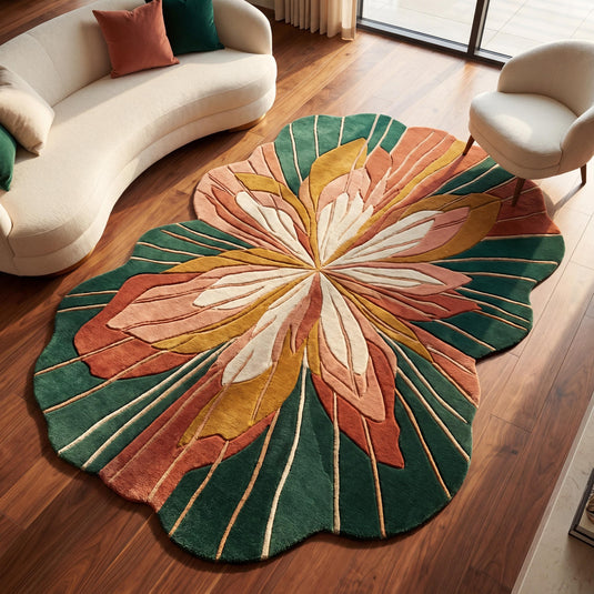 Translation missing: es.Handmade hand tufted floral wool rug in organic modern style placed in a contemporary living room with warm wood flooring and curved cream seating __etsy:8054075203