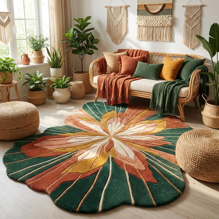 Translation missing: es.Contemporary handmade wool rug with dimensional flower motif and organic edges designed for stylish living room and bedroom interiors __etsy:8054075095