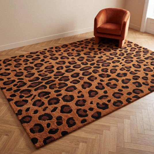 Translation missing: en.Hand tufted leopard print wool area rug 8x10 with dense pile and camel brown base
