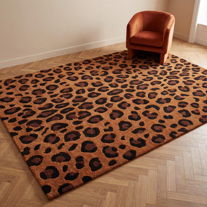 Translation missing: en.Hand tufted leopard print wool area rug 8x10 with dense pile and camel brown base