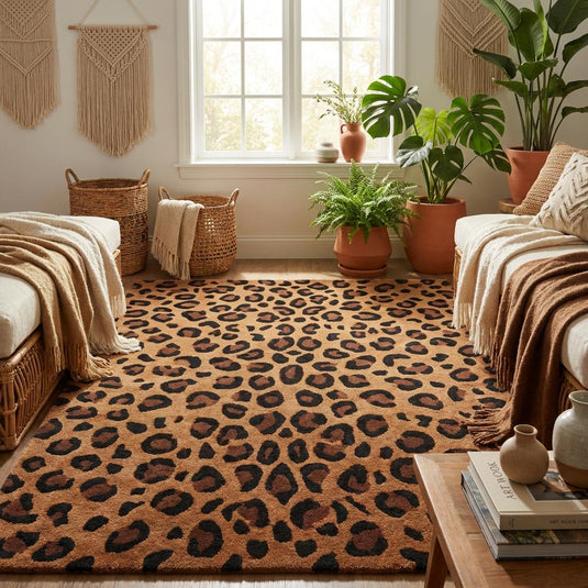 Translation missing: en.Camel brown animal print wool rug adding bold statement to contemporary interior space
