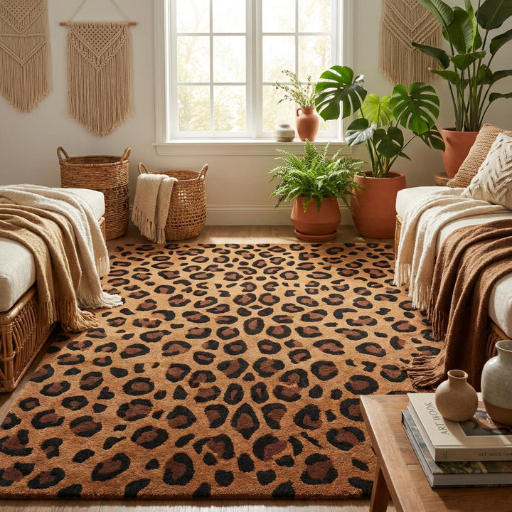 Translation missing: en.Camel brown animal print wool rug adding bold statement to contemporary interior space