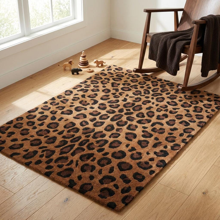 Translation missing: en.Large statement wool area rug with black leopard spots on earthy brown background