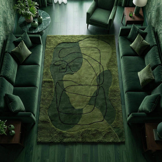 Translation missing: en.Hand tufted moss green abstract wool rug with high-low texture and modern line art design