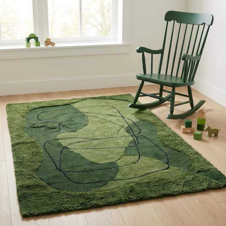 Translation missing: en.Detail of dark linework pattern on hand tufted wool rug surface
