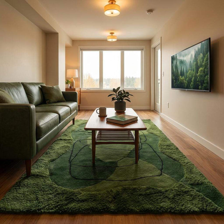 Translation missing: en.Modern interior décor featuring green abstract hand tufted area rug