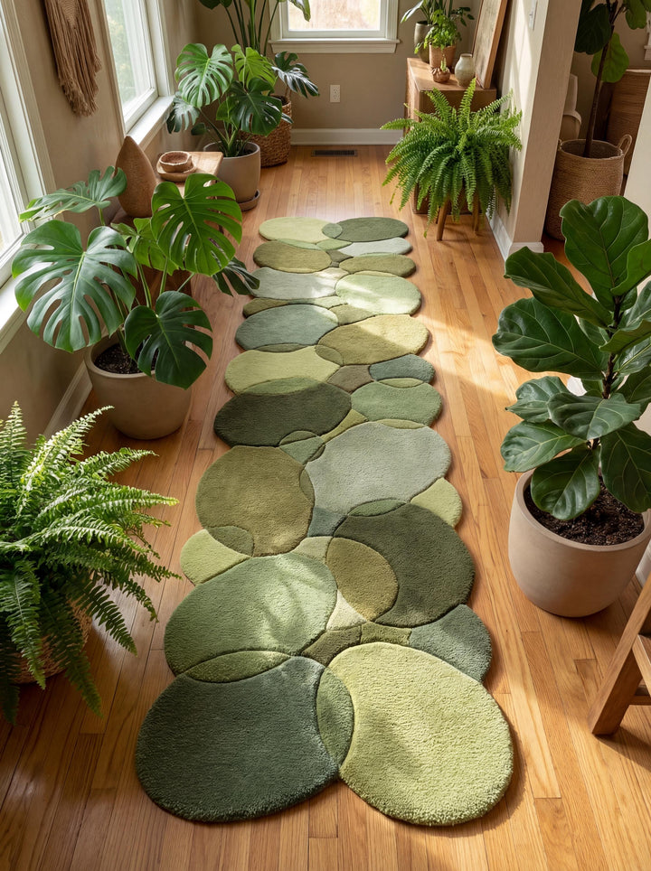 Translation missing: es.Hand tufted moss green pebble runner rug with sculpted wool pile and organic pebble design for hallways