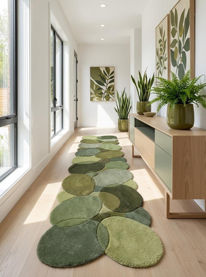 Translation missing: es.Nature inspired green hallway runner rug styled with indoor plants and natural sunlight