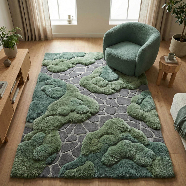 Translation missing: es.Hand tufted moss rug with organic textured high-low pile in moss green for modern home decor