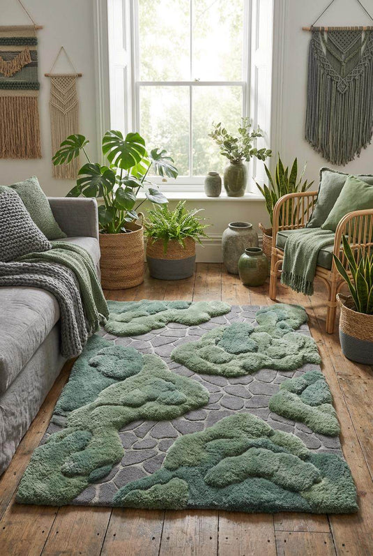 Translation missing: es.Abstract biophilic style hand tufted rug with layered sage and deep green tones
