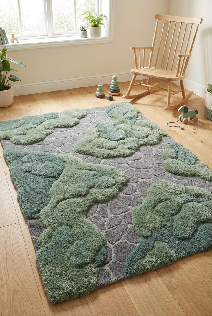 Translation missing: es.Designer organic green rug styled with wood furniture and indoor plants in calm space