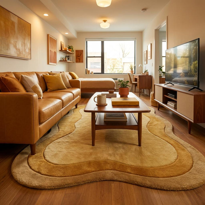 Translation missing: es.Designer mustard yellow area rug styled in bright modern home highlighting soft texture and minimalist aesthetic balance
