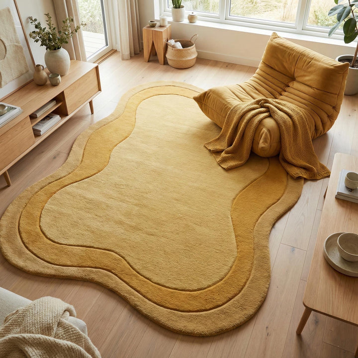 Translation missing: es.Hand tufted mustard abstract rug with irregular wool design for modern Scandinavian living room decor