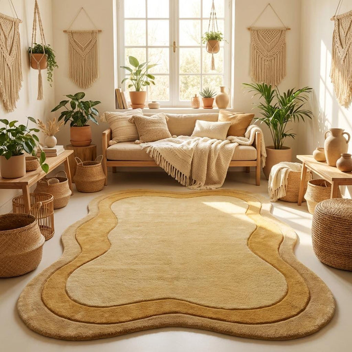 Translation missing: es.Scandinavian style living room featuring warm yellow abstract tufted rug on light wood flooring with neutral decor accents