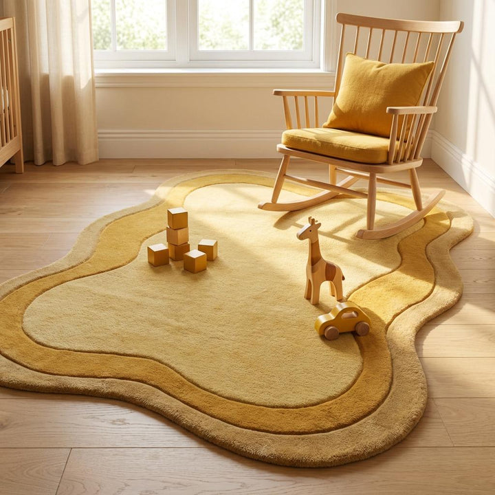 Translation missing: es.Organic contour hand tufted wool rug adding sculptural warmth and comfort to contemporary interior design space
