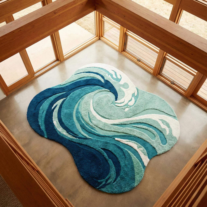 Translation missing: es.Hand tufted ocean wave rug with teal, navy, and white sculpted high-pile design for coastal decor