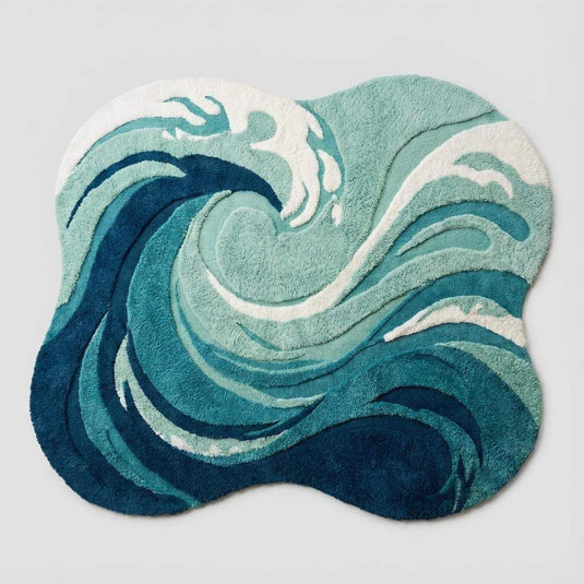 Translation missing: es.Teal and navy wave shaped rug, high-pile tufted texture with carved foam accents — statement accent rug for beach house, modern boho home decor