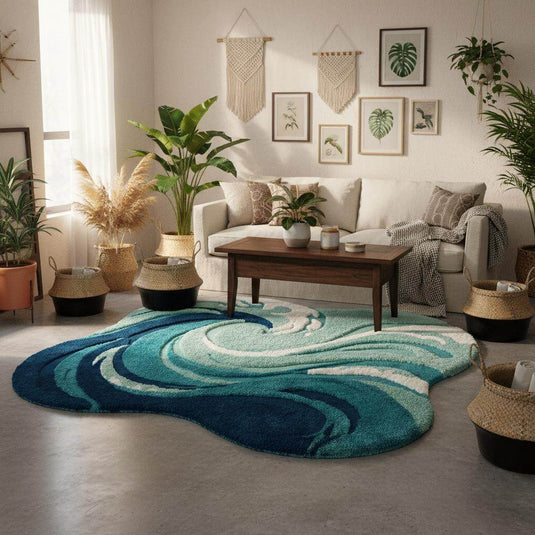 Translation missing: es.Irregular shaped teal area rug with ocean wave pattern, plush high-pile surface — perfect coastal accent for bedroom or living room