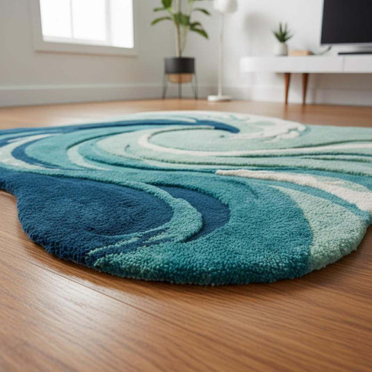 Translation missing: es.Hand Tufted Ocean Wave Rug – Teal &amp; Navy Coastal Accent