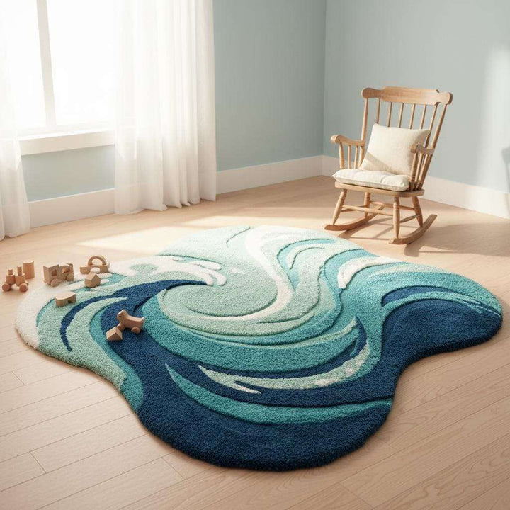 Translation missing: es.Hand Tufted Ocean Wave Rug – Teal &amp; Navy Coastal Accent