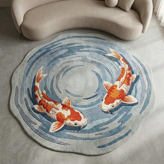 Translation missing: es.Hand tufted round koi fish rug with blue water and orange koi design