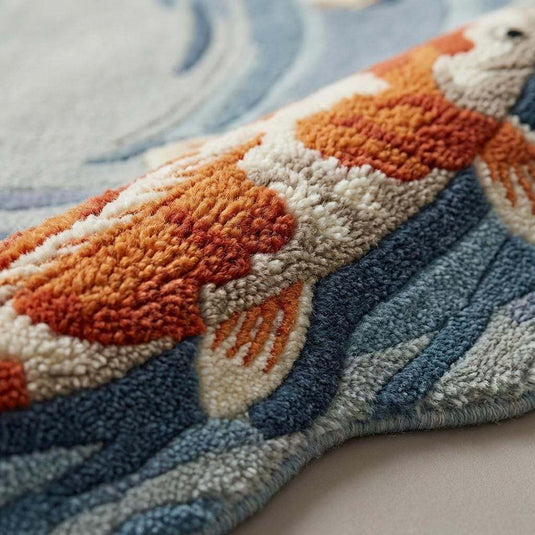 Translation missing: es.Close-up of hand tufted wool pile showing carved koi fish and water ripple texture