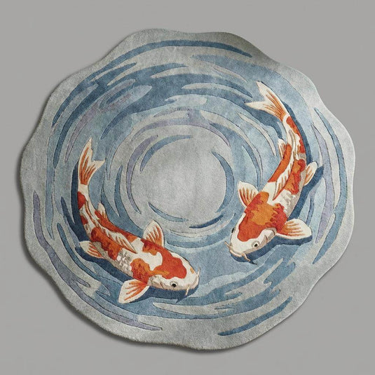 Translation missing: es.Modern round koi fish rug placed in living room under curved sofa