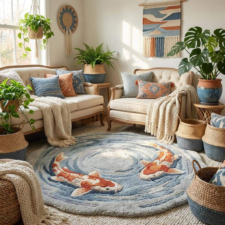 Translation missing: es.Blue and orange hand tufted round rug with artistic Japanese koi design