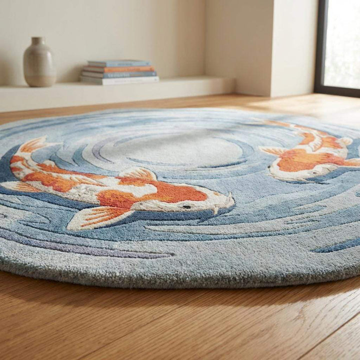 Translation missing: es.Hand Tufted Round Koi Fish Rug Blue Orange Decor