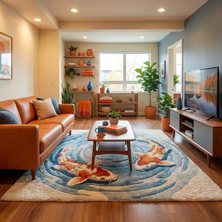 Translation missing: es.Soft wool round area rug featuring two koi fish in swirling water