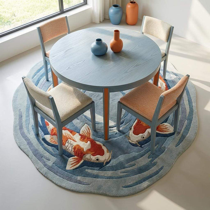 Translation missing: es.Hand Tufted Round Koi Fish Rug Blue Orange Decor